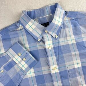 Jos A Bank Men’s L Travelers Collection Blue Plaid Dress Shirt Work Business